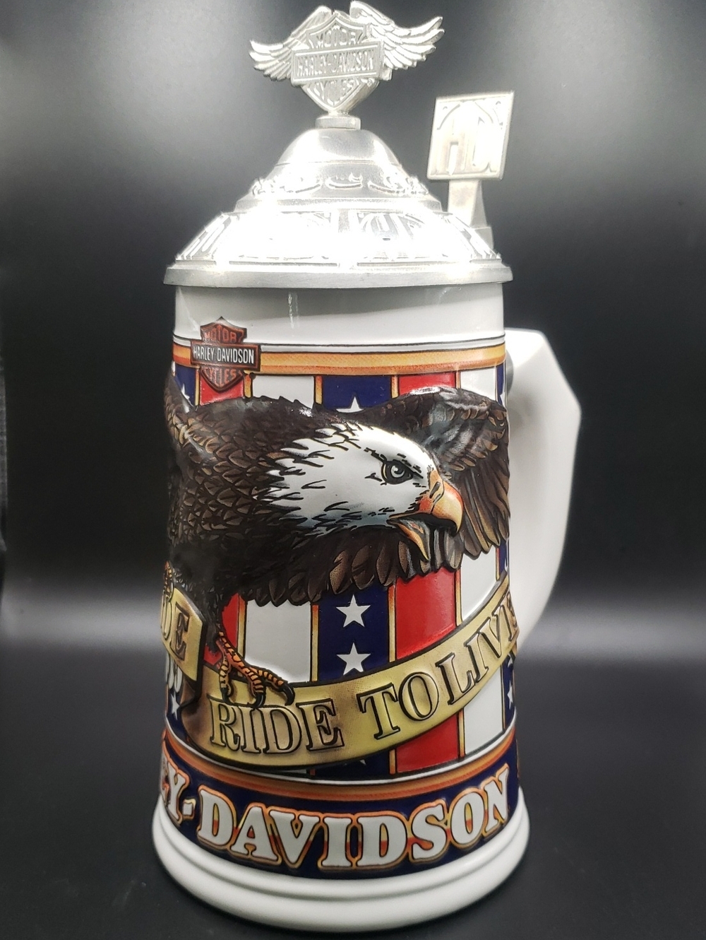 Harley-Davidson "Live To Ride" Ceramic Stein with Embossed Pewter Lid